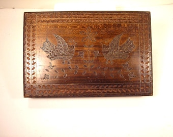 Folk Art Wood Box Hand Carved brass wire inlay