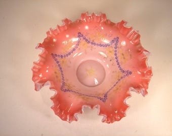 Vintage Fenton Art Glass Peach Crest Bowl Hand Painted Design