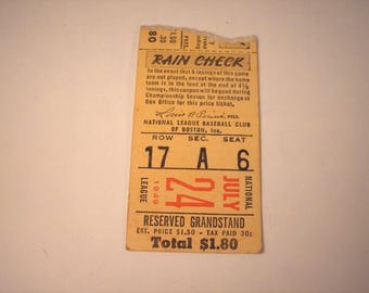1949 Boston Braves National League Ticket stub rain check