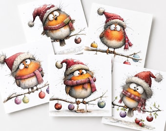 Funny Festive Robin Pack of 5 Greeting Cards, Handmade Christmas Cards Set