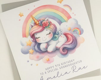 Personalised Unicorn Birthday Card, Any Age Rainbow Card for Daughter, Granddaughter, Niece, Sister, Cousin, 3rd 4th 5th 6th 7th 8th 9th