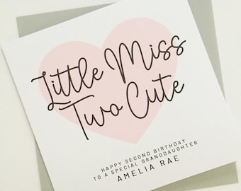 Little Miss Two Cute Birthday Card, Personalised 2nd Birthday Card for Granddaughter, Niece, Daughter, Cousin, Goddaughter, Little Girl