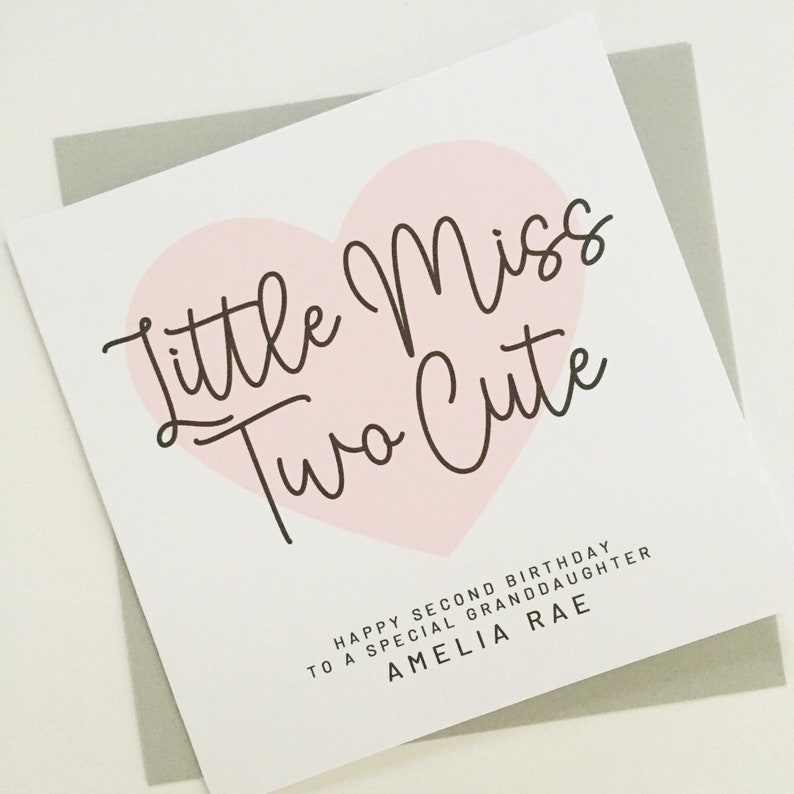 Little Miss Two Cute Birthday Card, Personalised 2nd Birthday Card for Granddaughter, Niece, Daughter, Cousin, Goddaughter, Little Girl