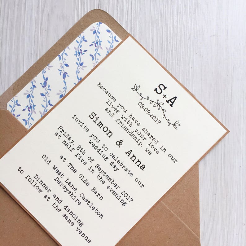 Rustic Kraft Wedding Invitation Typewriter Leaf Invite Etsy