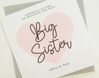 Personalised You're a Big Sister Card, Brand New Big Sister Card, New Sibling Card, Congratulations Big Sister Pink Heart Card