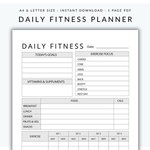 Planificador diario de ejercicios (PDF), planificación de entrenamientos y comidas imprimible, seguimiento de ejercicios de levantamiento de pesas y pilates, tamaño A4 y carta (PDF)