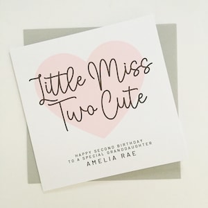 Little Miss Two Cute Birthday Card, Personalised 2nd Birthday Card for Granddaughter, Niece, Daughter, Cousin, Goddaughter, Little Girl