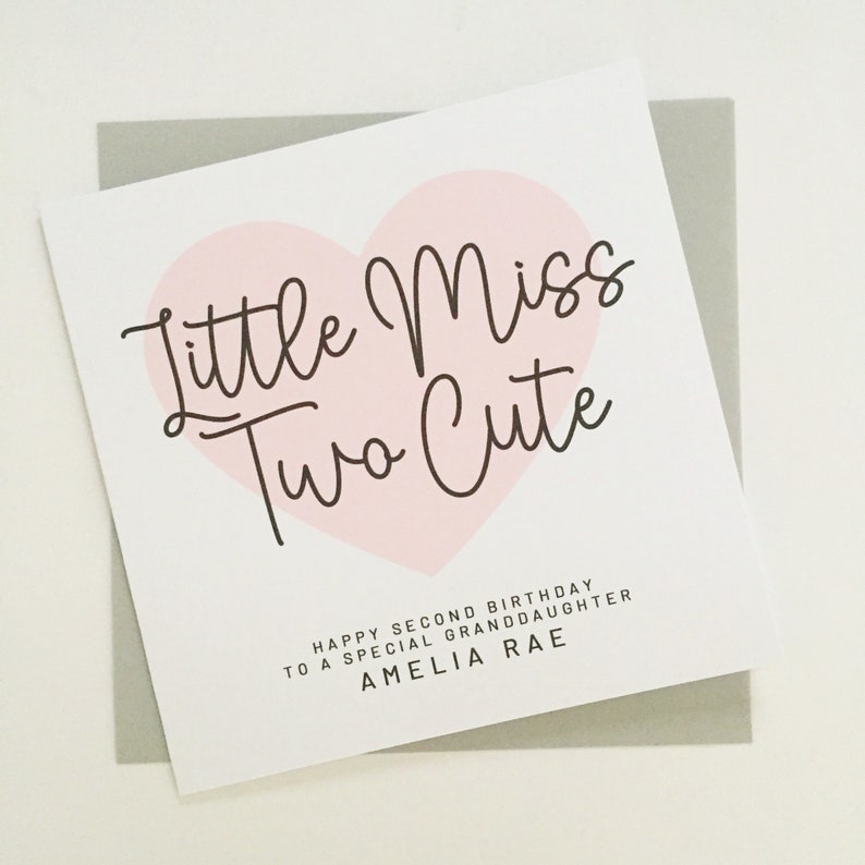 Little Miss Two Cute Birthday Card, Personalised 2nd Birthday Card for Granddaughter, Niece, Daughter, Cousin, Goddaughter, Little Girl