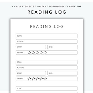 Registro de lectura imprimible, registro de lectura, registro de lectura, diario de lectura en tamaño A4 y carta de EE. UU., descarga instantánea de reseñas de libros
