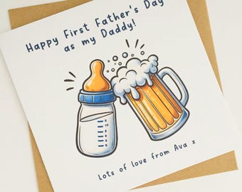 Beer and Bottle First Father's Day Card, Personalised First Father's Day Card, Joke 1st Father's Day Card, Beer Milk Bottle Card for Daddy
