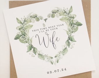 Personalised Wedding Countdown Card, One Year Until We Say I Do Card, Greenery Heart 1 Year Until We're Married Card, 1 Year to Wedding Day