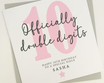Personalised 10th Birthday Card, Officially Double Digits 10th Birthday Card, 10th Birthday Gift for Daughter, Niece, Granddaughter, Sister