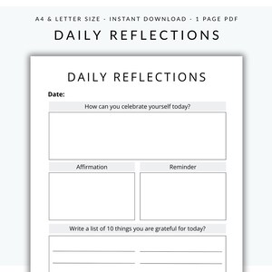 Diario de reflexión diaria imprimible, hoja de trabajo de gratitud imprimible, plantilla de diario de revisión diaria, PDF rellenable de una página en tamaño carta (EE. UU.) y A4.