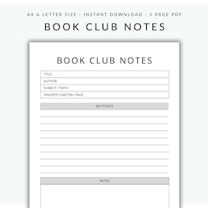 Printable Book Club Notes, Book Club Discussion Circle, Book Review Reading Notes, US Letter and A4 One Page Fillable PDF