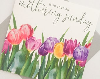 Mothering Sunday Card, Mother's Day Card, With love on Mothering Sunday, Tulip Mother's Day Card, Floral Mother's Day Card, Card for Mum