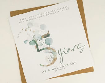 Son and Daughter in Law Fifth Wedding Anniversary Card, Personalised 5th Anniversary Keepsake