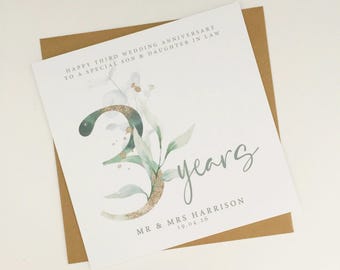 Son and Daughter in Law Third Wedding Anniversary Card, Personalised 3rd Anniversary Keepsake