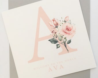 Personalised New Baby Girl Card, Pink Floral Initial
