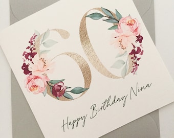 Personalised 60th Birthday Card, Card for Mum, Auntie, Grandma, Gran, Nan, Sister, Happy 60th Birthday, Floral 60th Birthday Card