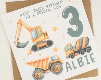 Personalised Construction Birthday Card, Little Boys Digger Card, Any Age Birthday Card for Grandson, Nephew, Son, Brother, Cousin