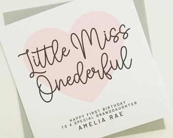 Little Miss Onederful Birthday Card, Personalised 1st Birthday Card for Granddaughter, Niece, Daughter, Cousin, Goddaughter, Little Girl