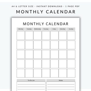 Planificador mensual en blanco, calendario mensual sin fecha, calendario en blanco con notas y lista de tareas, plantilla de calendario imprimible en formato A4 y PDF (carta de EE. UU.)