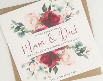 Ruby Wedding Anniversary Card, 40 Years Married Card, Personalised 40th Anniversary Card for Mum and Dad, Grandparents, Friends