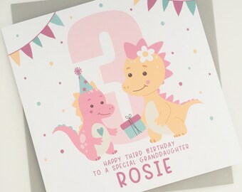 Personalised Girls Dinosaur Birthday Card, Pastel Pink Dino Card, Any Age Birthday Card for Daughter, Granddaughter, Niece, Sister, Friend