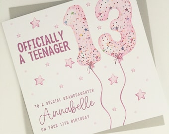 Personalised 13th Birthday Card, Officially a Teenager, Colourful Happy 13th Birthday Card for Daughter, Granddaughter, Niece, Sister