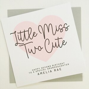 Little Miss Two Cute Birthday Card, Personalised 2nd Birthday Card for Granddaughter, Niece, Daughter, Cousin, Goddaughter, Little Girl