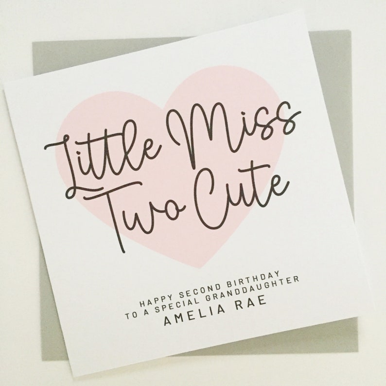 Little Miss Two Cute Birthday Card, Personalised 2nd Birthday Card for Granddaughter, Niece, Daughter, Cousin, Goddaughter, Little Girl