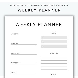 Printable Weekly Planner Template: Goals, Notes, To-Do List (US Letter & A4 PDF)