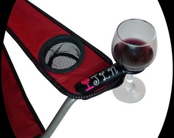 Personalized Wine glass holder that attaches to an outdoor chair. Works on most Patio, Beach, Adirondack and Camp/Bag chairs!