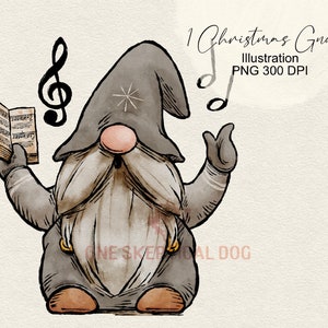 May include: A watercolor illustration of a Christmas gnome singing from a sheet music book. The gnome is wearing a pointed hat with a snowflake design and has a long white beard. The gnome is holding a sheet music book in one hand and has the other hand raised in the air. There are musical notes floating around the gnome.