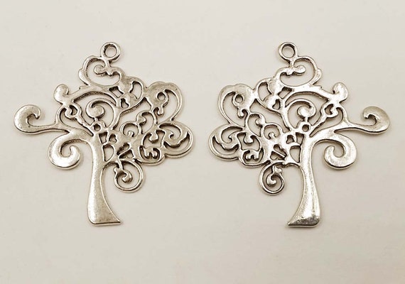 2 Antique Silver Tree Charm Pendants 38mm x 41mm Jewelry Findings ASTCP38MM-2WD2/5