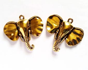 2 colgantes antiguos de cabeza de elefante dorados, accesorios de joyería AGCEHP45MM-2WD5