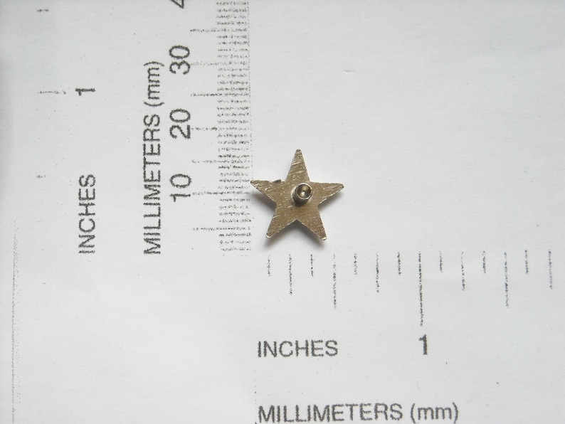 Puede incluir: Una estrella plateada de cinco puntas con un peque&ntilde;o agujero en el centro. La estrella tiene un di&aacute;metro de aproximadamente 2,5 cm.