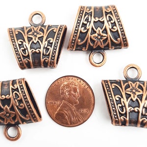 2 Antique Copper Small Scarf Bails with Flower Pattern Jewelry Supplies ACSSBF23-1D5