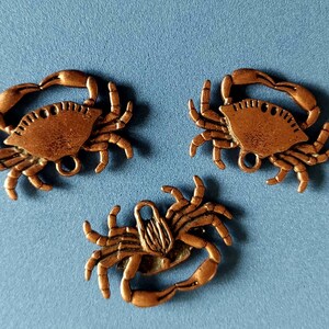 May include: Three copper-colored crab charms with detailed features. Each charm has a loop for attaching to a necklace, bracelet, or other jewelry.