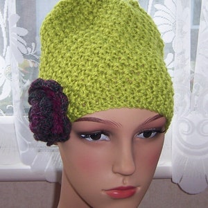 Ladies hat, hand knitted hat, flower design, ski hat, winter hat, slouch hat, beanie