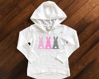 Toddler Girls Easter Hoodie Shirt | Girls Easter Bunny Shirt | 3 Bunnies Easter Tee | Youth Girls Easter Egg Hunt Shirt