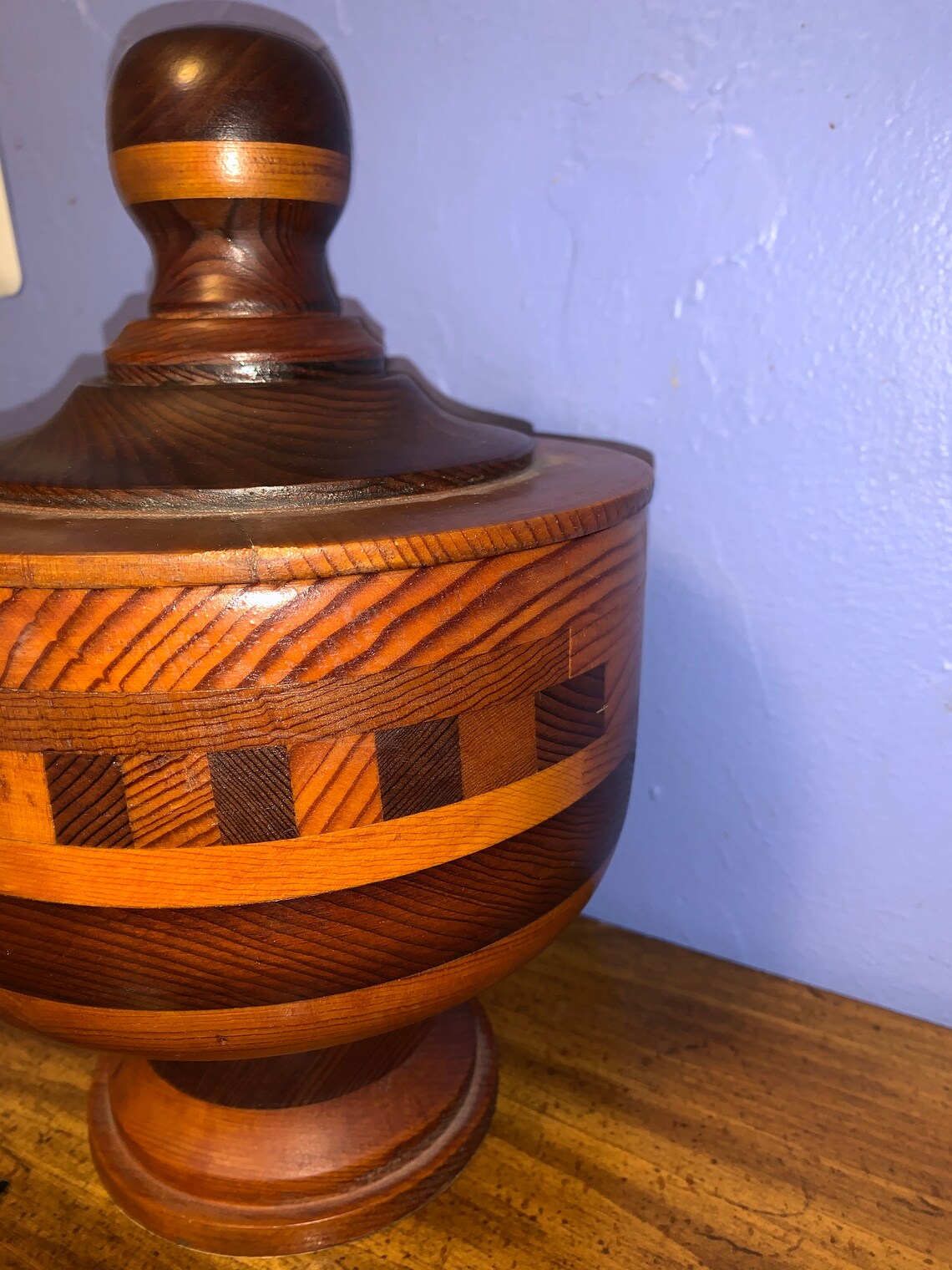 Vintage wooden bowl with lid made out of oak and maple Etsy