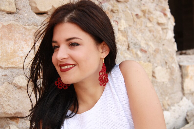 Tatted lace red earringsHandcrafted tatted earringsred earringsFrivolite earringsTatted jewelryLace earrings