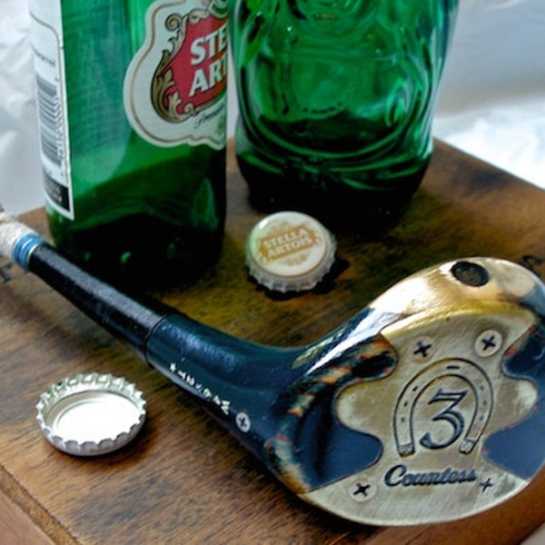 Blue Rustic Bottle Opener Made out of a Persimmons Golf Club- Countess 3 Wood Golf Club -- OOAK