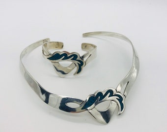 Vintage Taxco Sterling Silver Stone Inlay Choker, Retro Modernist Mexico 925 Silver Crushed Stone Inlay Torque Collar Cuff Necklace