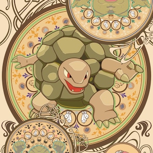 Może przedstawiać: Cyfrowa ilustracja przedstawiająca postacie Pokémon w dekoracyjnych okrągłych ramkach. Centralnym obrazem jest duży Golem, z mniejszymi obrazami innych Pokémonów i Poké Ball. Tło w stylu secesyjnym, z tekstem "UNIQUE made 2025".