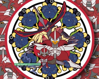 Dunkler/Stahl-Typ-Jugendstil-inspirierter Pokemon-Kreisaufkleber von Pawiard, Bisharp und Kingambit