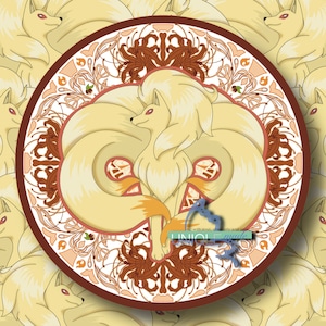 May include: A white and orange fox with nine tails, surrounded by a brown and white mandala design. The fox is standing on its hind legs with its front paws raised. The mandala design is intricate and detailed, with a variety of shapes and patterns.