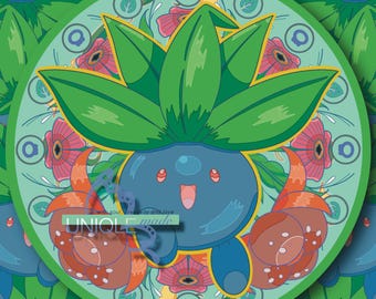 Grass / Poison Typ Jugendstil inspiriert Oddish Pokemon Kreis Aufkleber