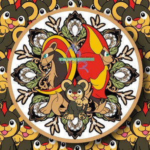 Pode incluir: Um design de mandala colorido com três personagens de desenho animado. Os personagens são uma criatura vermelha e amarela com um nariz longo e pontudo, uma criatura marrom e amarela com uma cabeça redonda e uma criatura preta e branca com uma cabeça redonda. O design de mandala é cercado por uma borda preta e branca.